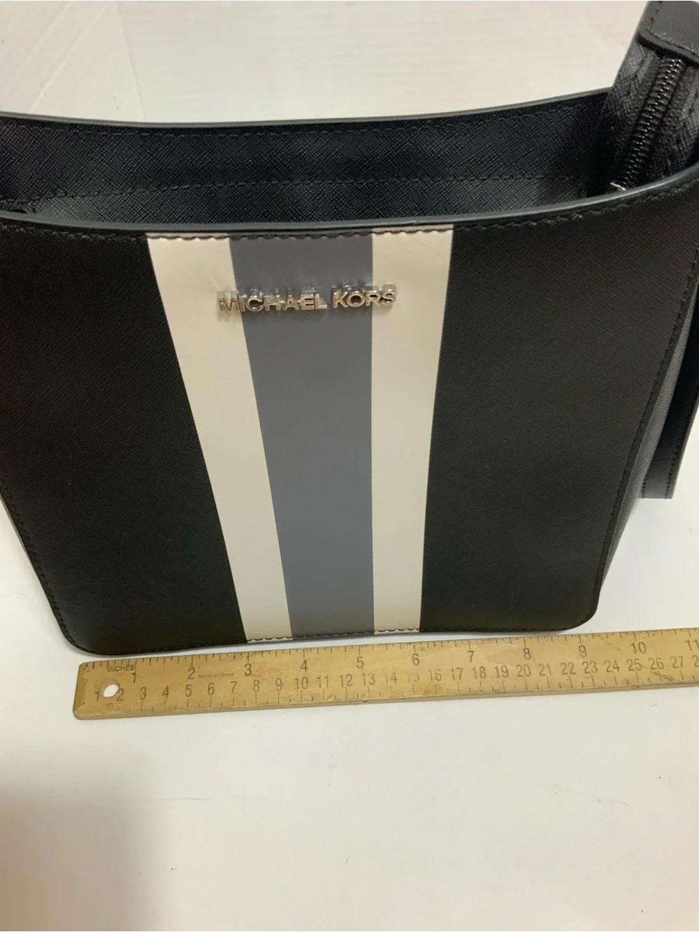 Michael Kors Women Black Saffiano Leather Center Stripe Crossbody Bag Purse